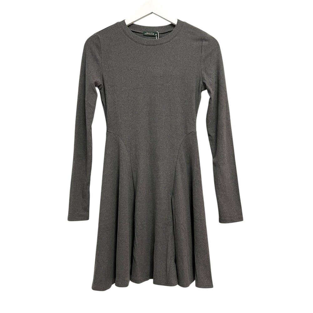 Ofeefan Skater Dress Womens XS Gray‎ Ribbed Knit Long Sleeve Fit Flare Stretch